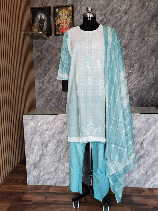 Cotton White and light Rama Green with Embroidery  work