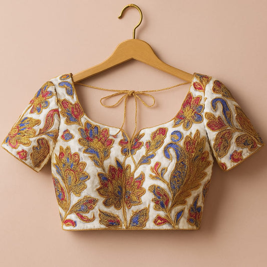 Natural Crepe Blouse with Pen Kalamkari Embroidery