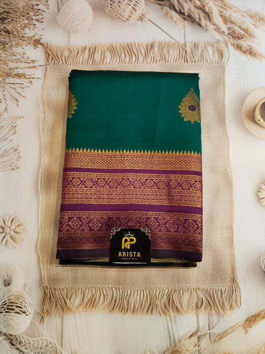 Green & Dark Pink Semi Kanchipuram Silk Saree with Golden Zari Border