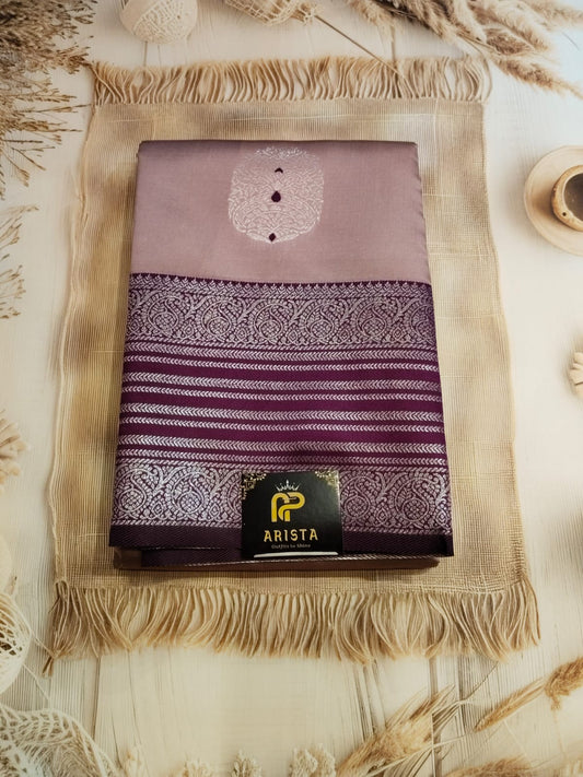 Onion Pink & Wine Semi Kanchipuram Silk Saree with Silver Zari Border