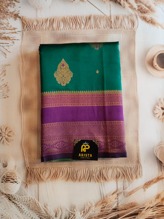 Green & Dark Pink Semi Kanchipuram Silk Saree with Golden Zari Border