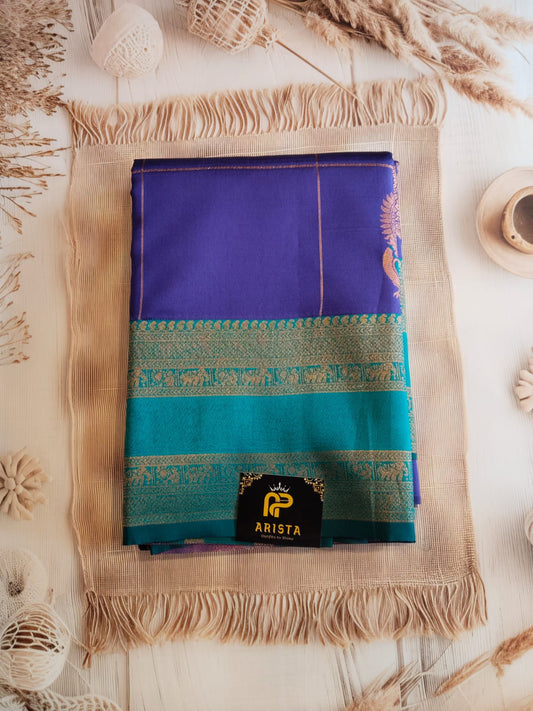 Purple & Rama Green Semi Kanchipuram Silk Saree with Golden Zari Border