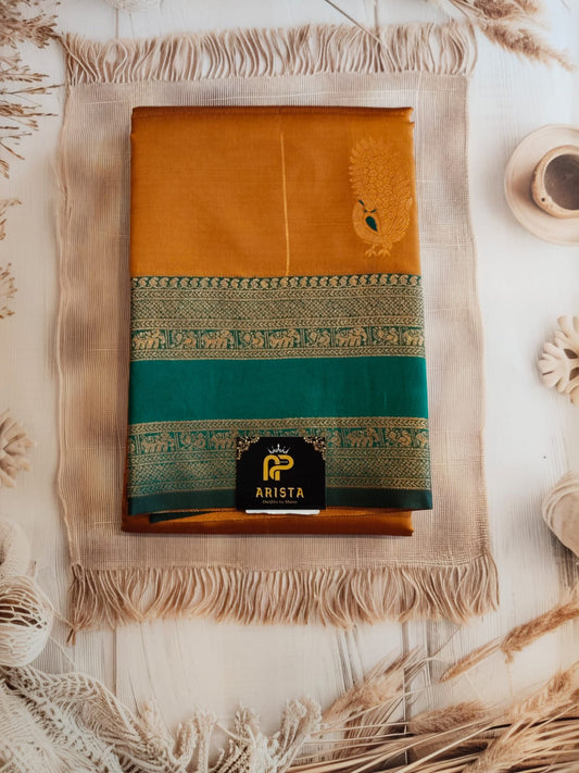 Mango yellow & Green Semi Kanchipuram Silk Saree with Golden Zari Border