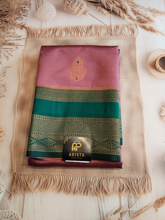 Baby Pink & Green Semi Kanchipuram Silk Saree with Golden Zari Border