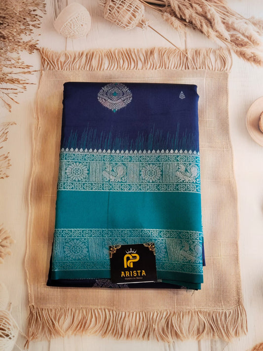 Navy Blue & Rama Green Semi Kanchipuram Silk Saree with Silver Zari Border