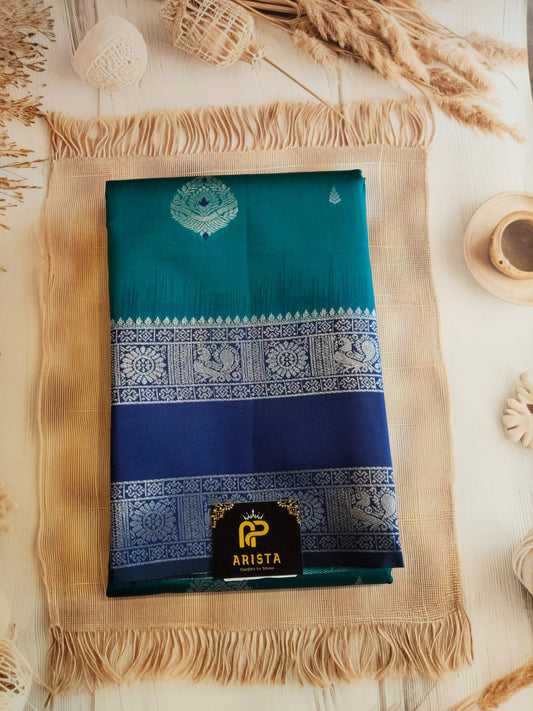 Rama Green & Navy Blue Semi Kanchipuram Silk Saree with Silver Zari Border