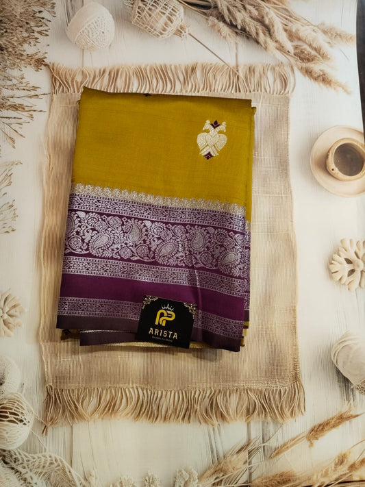 Mustard Yellow & Dark Pink Semi Kanchipuram Silk Saree with Golden Zari Border