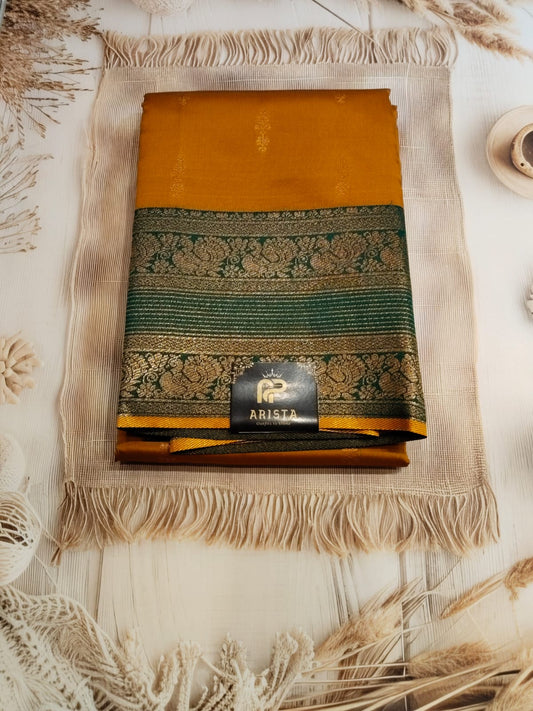 Mango yellow & Green Semi Kanchipuram Silk Saree with Golden Zari Border