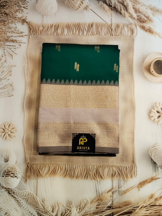 Green & Baby Pink Semi Kanchipuram Silk Saree with Golden Zari Border