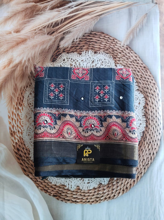 Ajark Printed Mirror work Saree