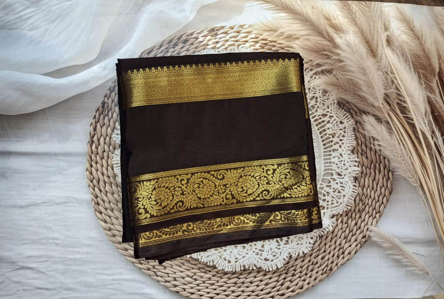 Semi Crepe Silk Bentex Border Butta Saree (BROWN)