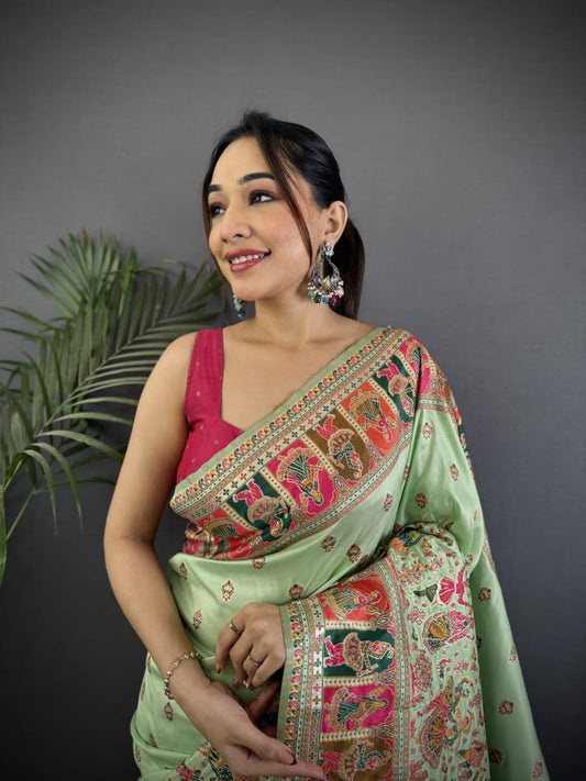 Pashmina Silk Saree with Meenakari Weaving/Pista Green