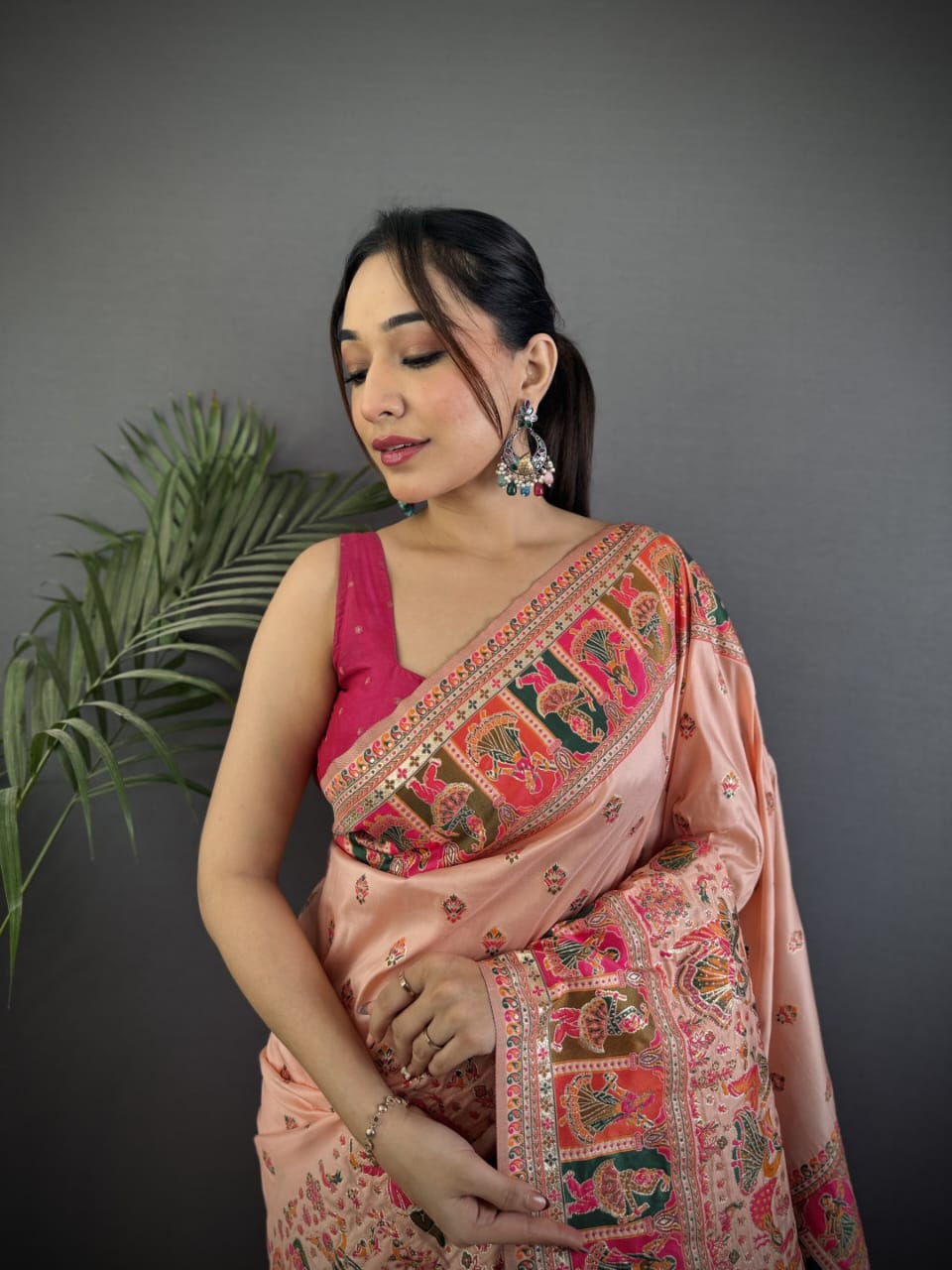 Pashmina Silk Saree with Meenakari Weaving/Peach