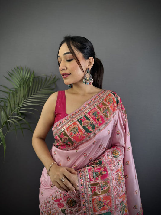 Pashmina Silk Saree with Meenakari Weaving/Baby Pink