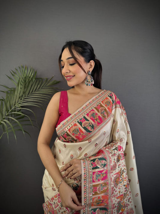 Pashmina Silk Saree with Meenakari Weaving/Off White