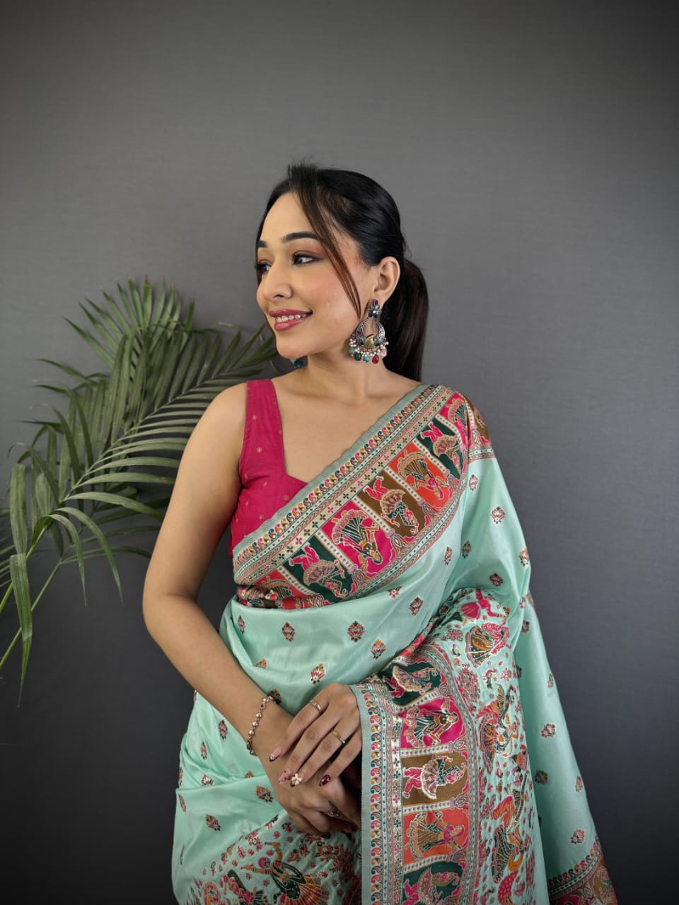 Pashmina Silk Saree with Meenakari Weaving/Sea Green