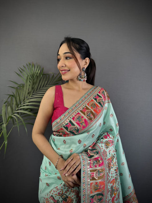 Pashmina Silk Saree with Meenakari Weaving/Sea Green