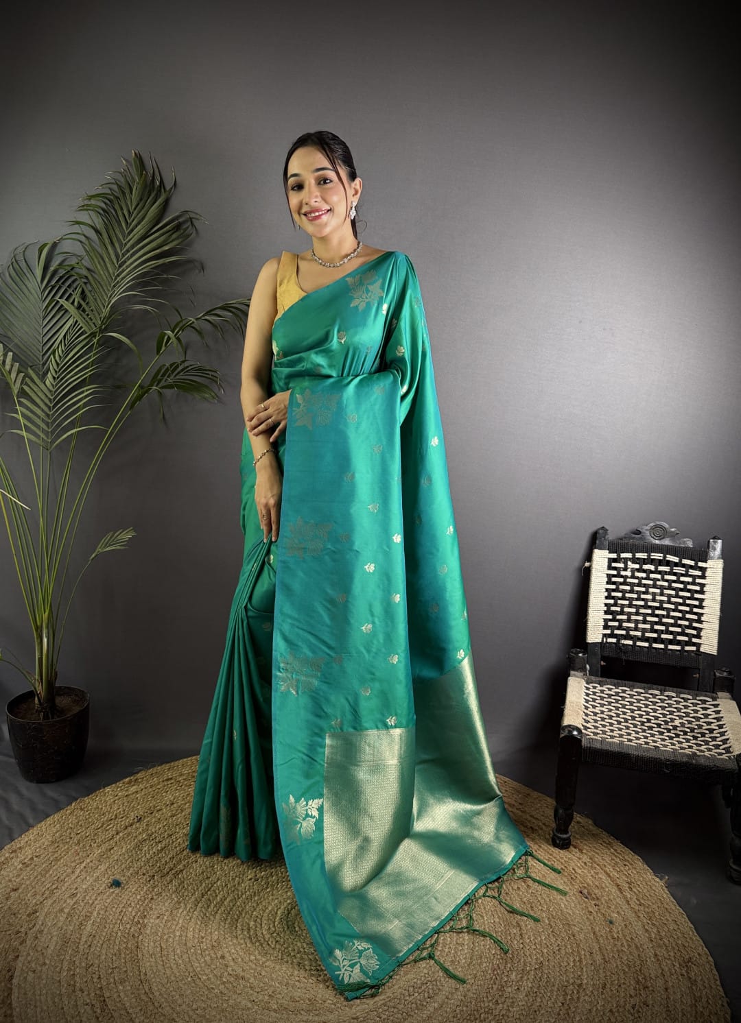 Soft Lichi Silk Saree with golden zari/Rama Green