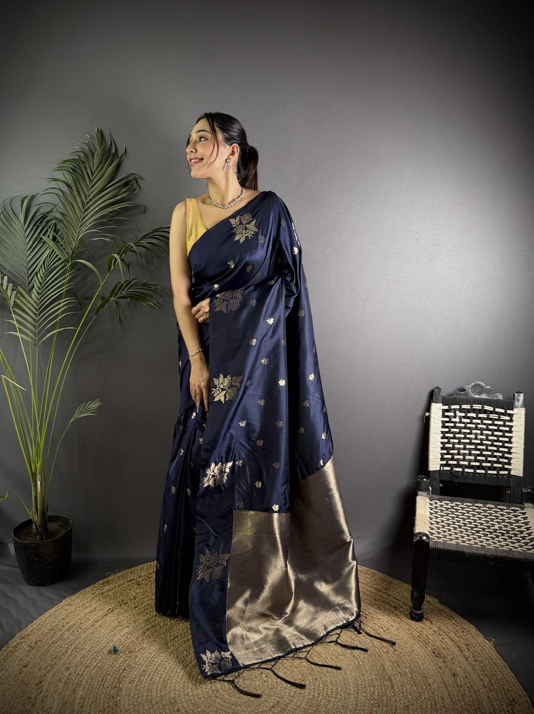 Soft Lichi Silk Saree with golden zari/Navy Blue