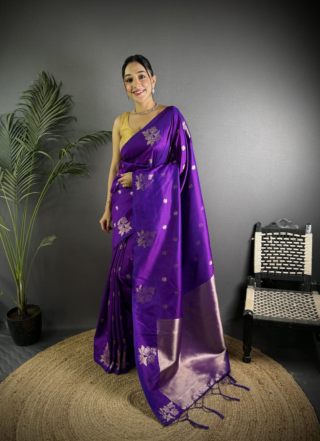 Soft Lichi Silk Saree with golden zari/Purple