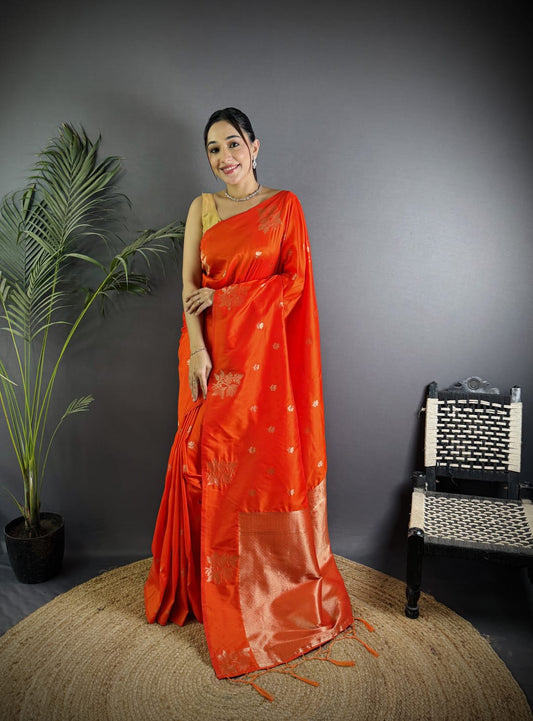 Soft Lichi Silk Saree with golden zari/Orange