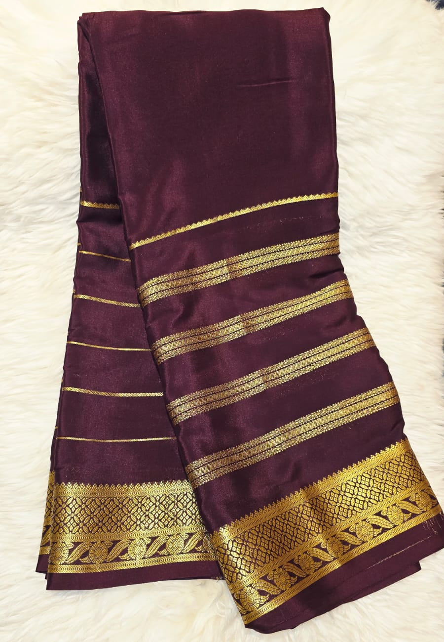 Pure Crepe Mysore Silk Saree Dark Brown Self colour