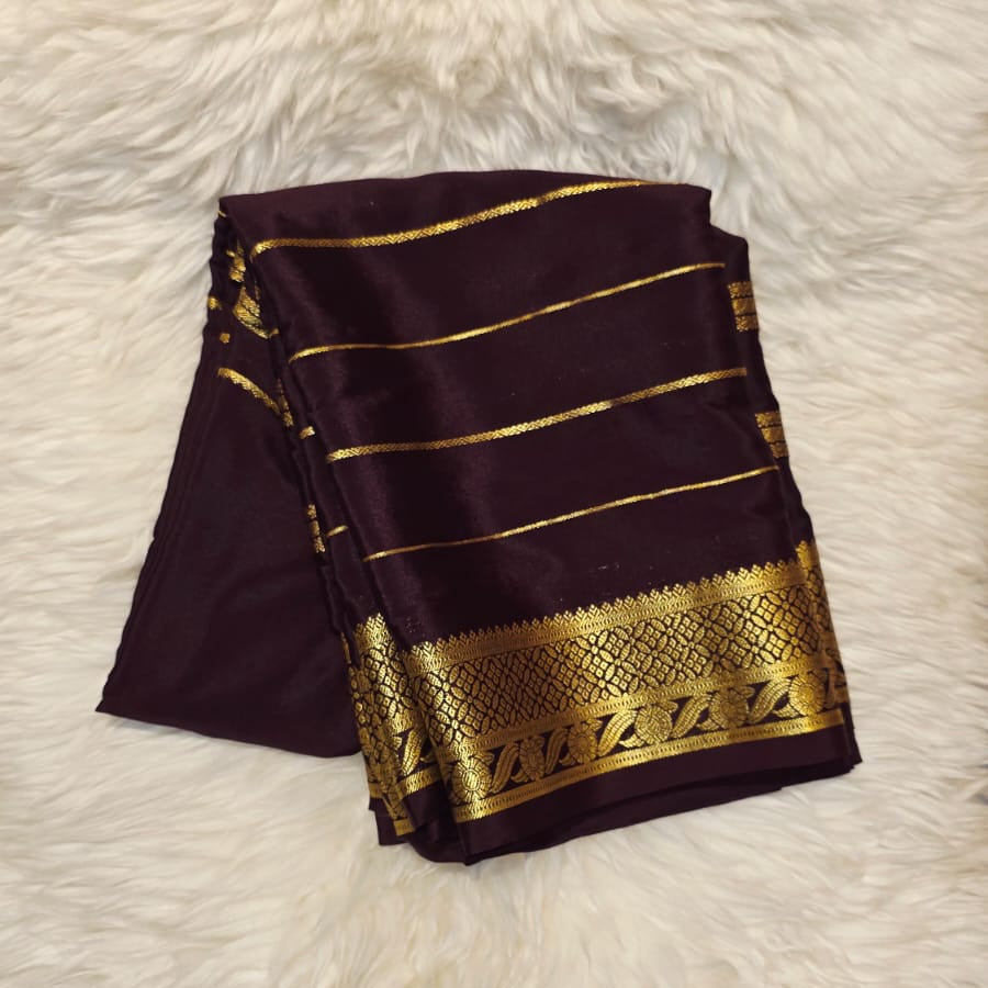Pure Crepe Mysore Silk Saree Dark Brown Self colour