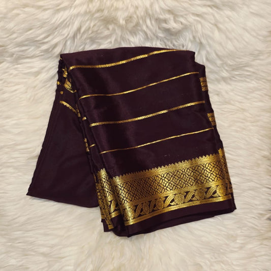 Pure Crepe Mysore Silk Saree Dark Brown Self colour