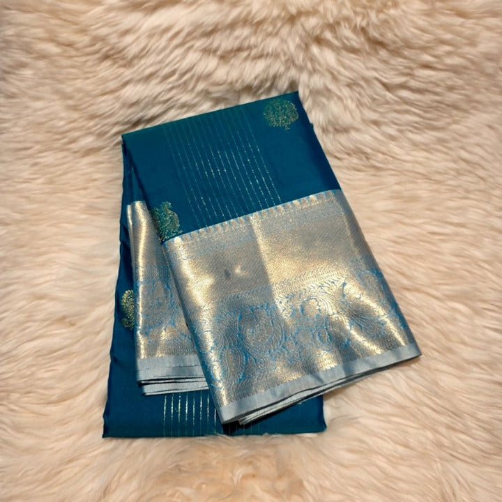 Semi Kanchhipuram Silk Saree  - Premium - Teal Blue