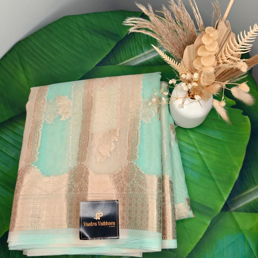 Semi Organza Saree With Rankat Design – Mint Gold Royal Elegance