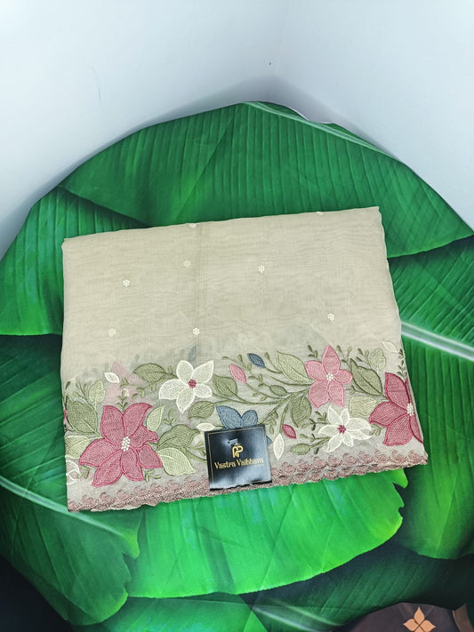 Pure Linen Tissue,Work Saree-Blush Beige