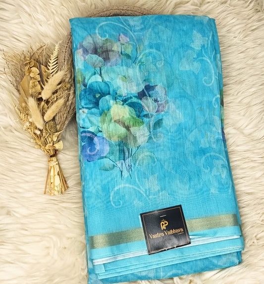 MUL CHANDERI SAREE- AQUA BLUE