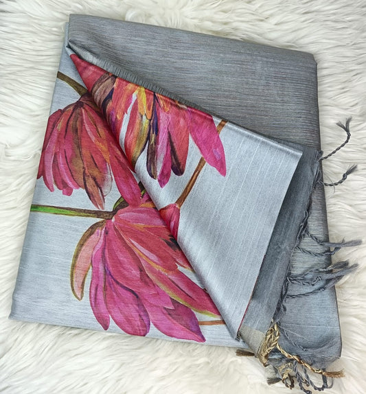 Chanderi Digital Saree- Steel Grey