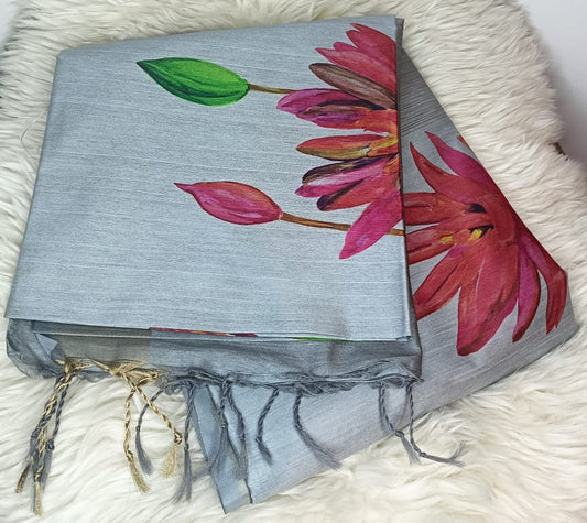 Chanderi Digital Saree- Steel Grey