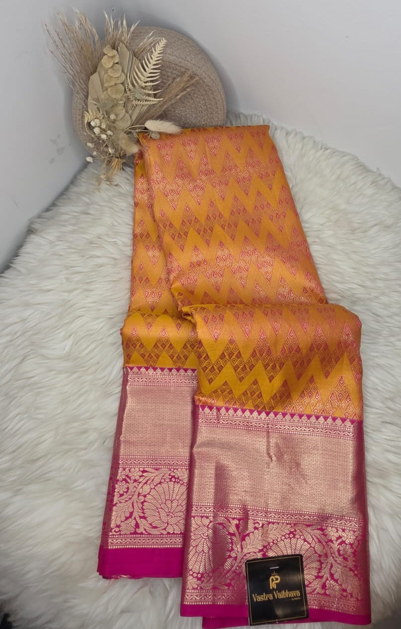 Pure Kanchipuram Silk Saree – Radiant Mango Yellow With Pink Contrast