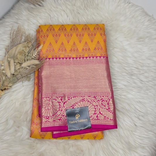 Pure Kanchipuram Silk Saree – Radiant Mango Yellow With Pink Contrast