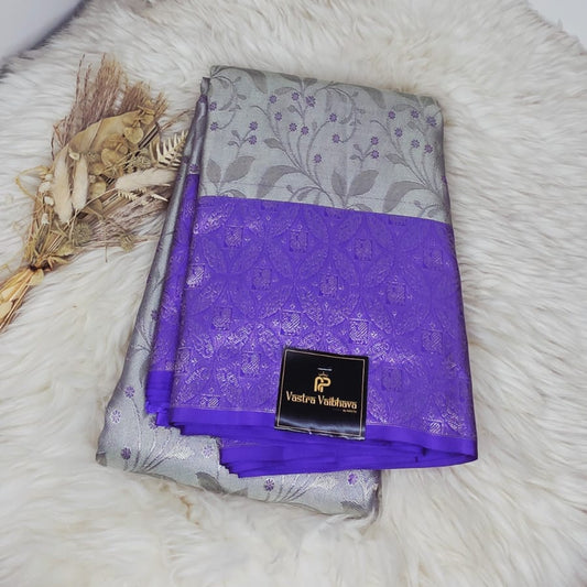 Pure Kanchipuram Silk Saree – Elegant Silver Grey With Royal Purple Contrast