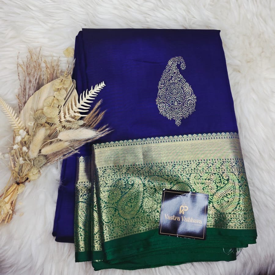 Pure Kanchipuram Silk Saree – Royal Blue With Antique Gold & Green Contrast Border