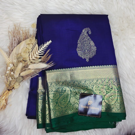 Pure Kanchipuram Silk Saree – Royal Blue With Antique Gold & Green Contrast Border