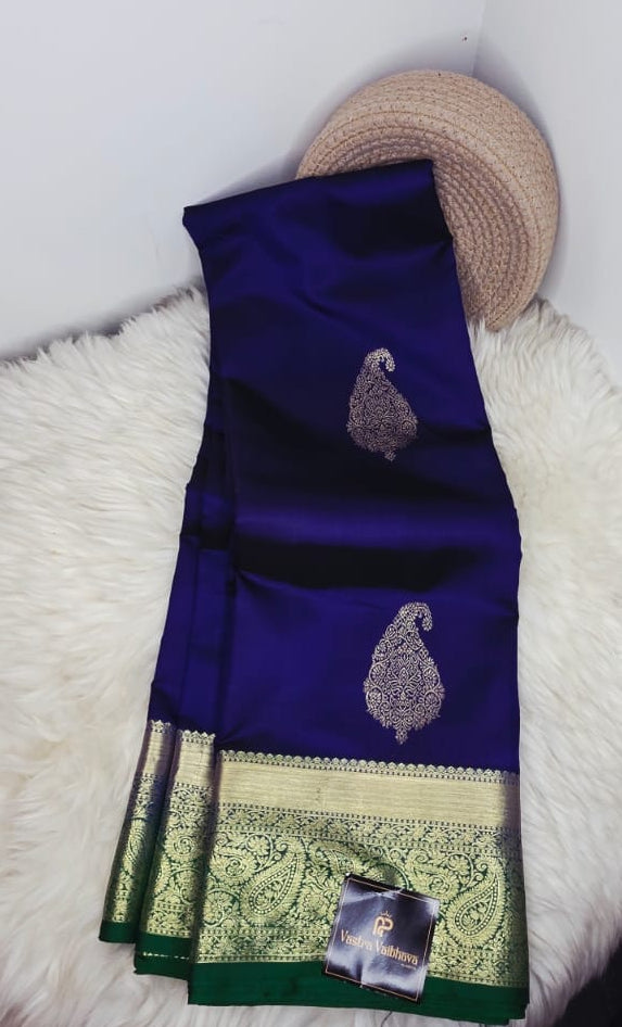 Pure Kanchipuram Silk Saree – Royal Blue With Antique Gold & Green Contrast Border