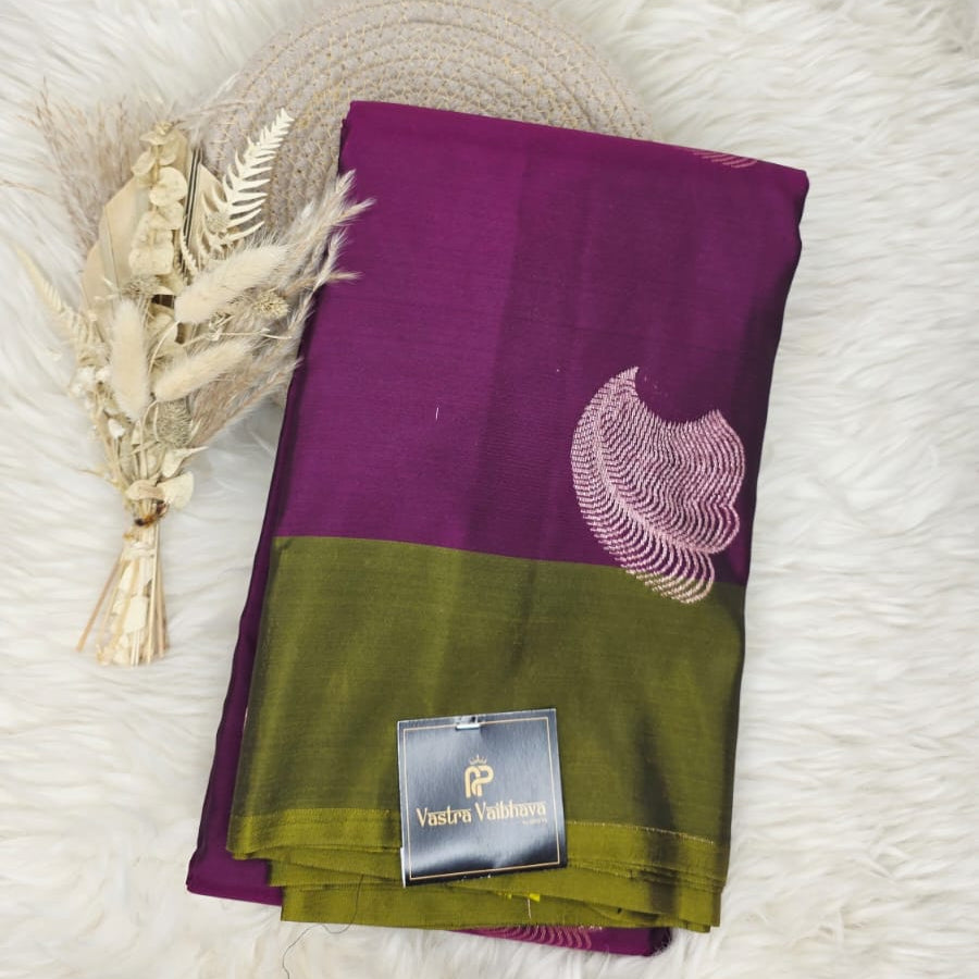 Pure Kanchipuram Soft Silk Saree – Plum Purple With Olive Green