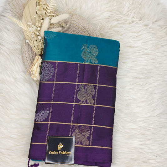 Pure Kanchipuram Silk Saree – Teal Green With Purple Checked Zari Border