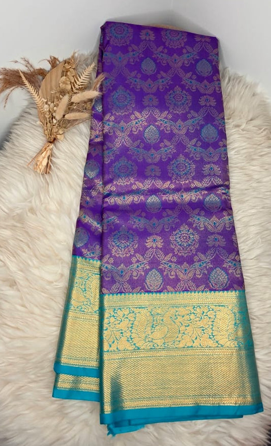 Pure Kanchipuram Silk Saree – Royal Purple With Turquoise & Gold Zari Border