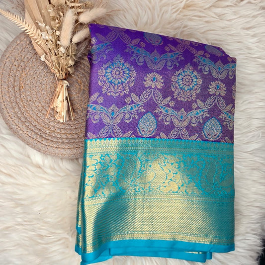 Pure Kanchipuram Silk Saree – Royal Purple With Turquoise & Gold Zari Border