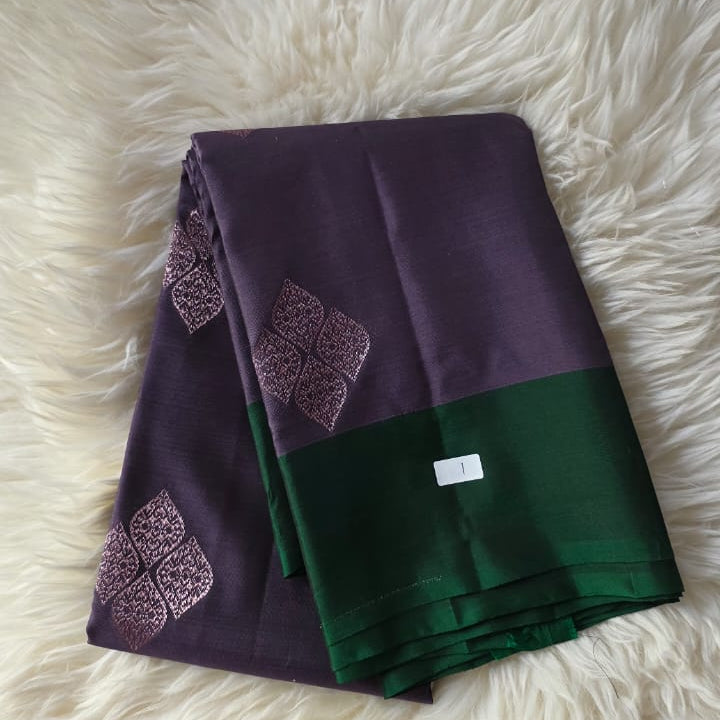 Pure Kanchipuram Soft Silk Saree – Grey With Emerald Green