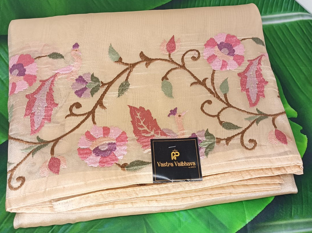 Pure Tissue Floral Thread Work Saree- Soft Beige