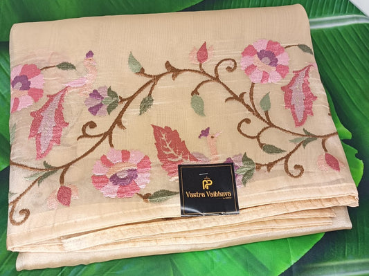 Pure Tissue Floral Thread Work Saree- Soft Beige