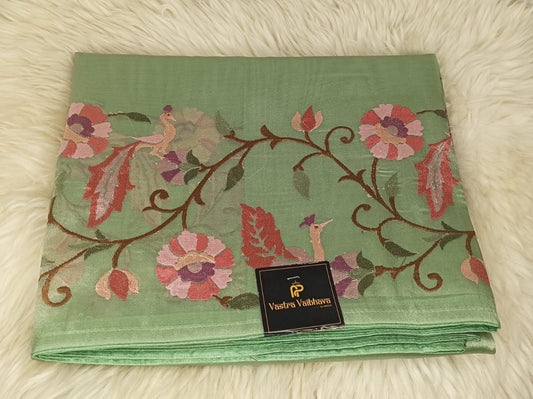 Pure Tissue Floral Thread Work Saree- Light green