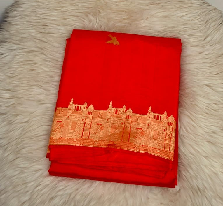 Pure Raw Mango Silk Saree - ORANGE