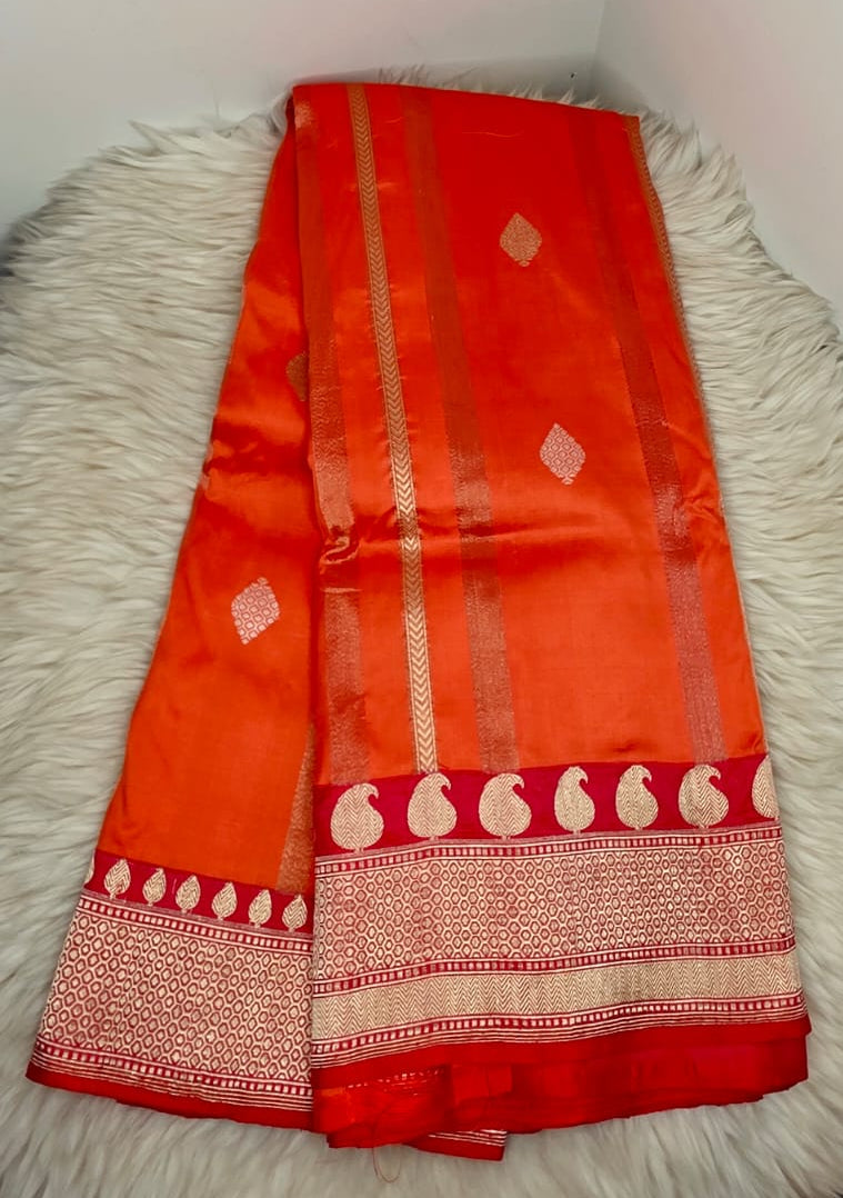 Pure Banarasi Katan Silk Saree - ORANGE & PINK